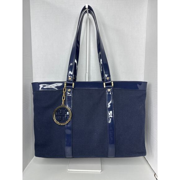 Tory Burch Canvas Jane Tote navy patient leather Shoulder Bag - Picture 4 of 14